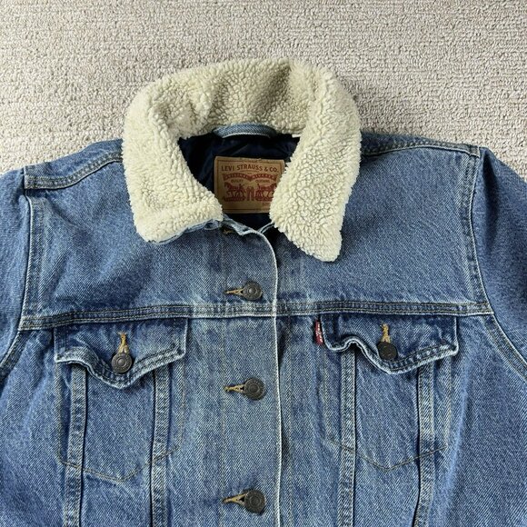 Levi's Sherpa Collar Denim Trucker Jacket Blue Women's Size 1X - Picture 2 of 8